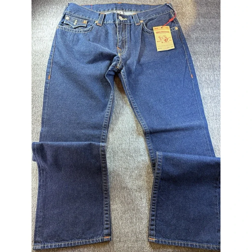 229$ True Religion World Tour Body Rinse Straight Flap Dark Wash Jeans Sz 36x34